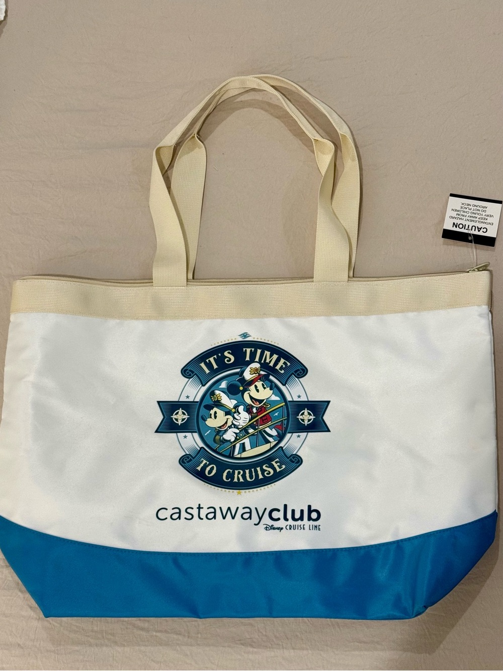 Disney Cream and Blue Castaway Club Cruise Tote with Mickey Graphic